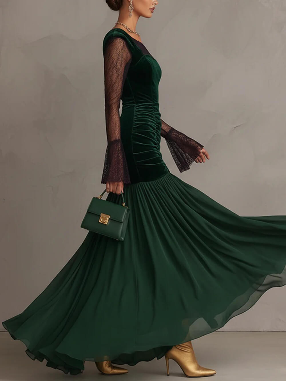 Elegant Emerald Velvet Chiffon Lace Sleeves Maxi Dress