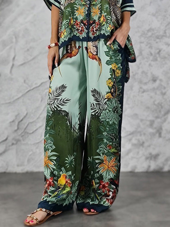 Exotic Jungle Print Wide Leg Pants