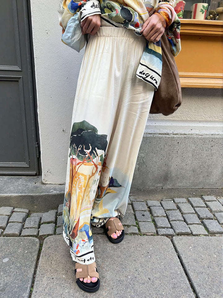 Modern Unique Satin Landscape Print Loose Oversized Shirt