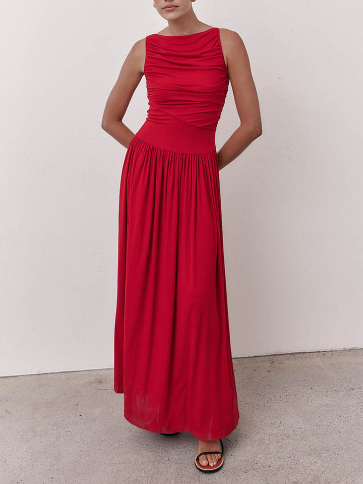 Elegante geplooide mouwloze maxi-jurk