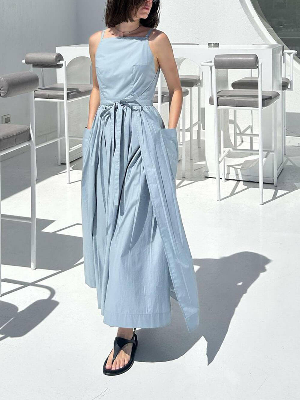 Casual Unique Side Slit Tie Pocket Vest Dress