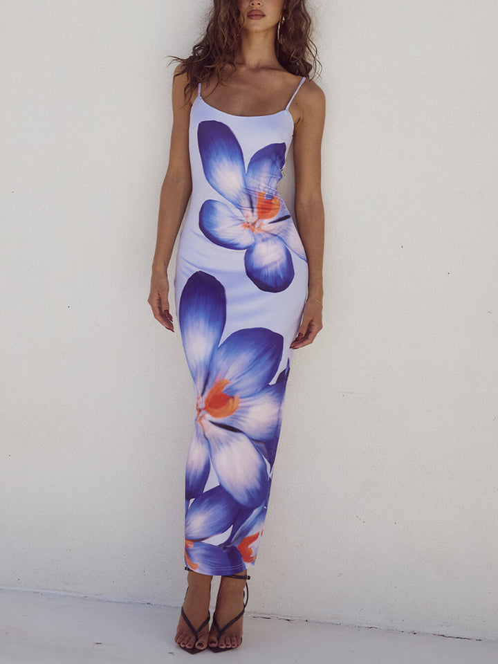 Robe mi-longue à bretelles à imprimé floral violet Unique