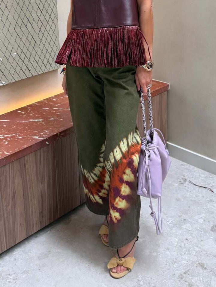 Casual Tie-Dye Tassel Vest & Wide-Leg Pants Two-Piece Set