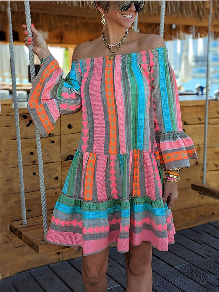 Minivestido solto com estampa étnica de mistura de linho e ombros de fora