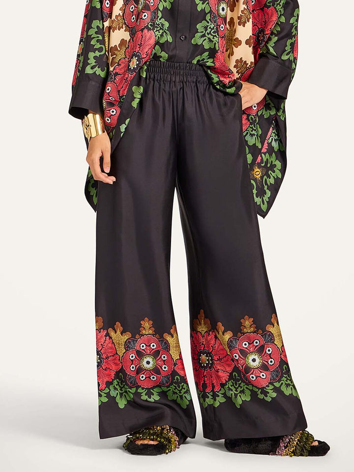 Exquisite Satin Floral Border Wide-Leg Pants