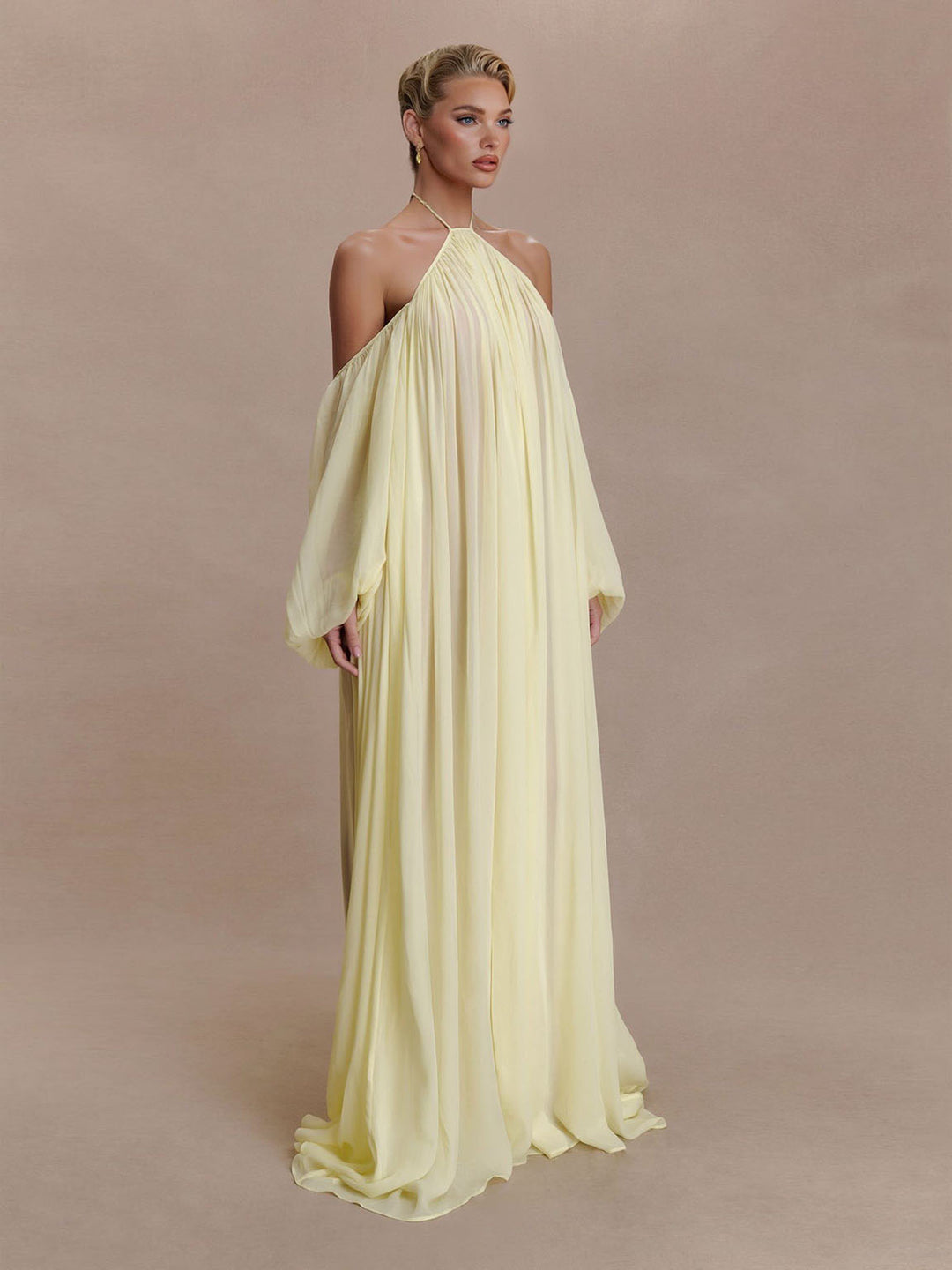 Elegant Halter Neck Draped Chiffon Maxi Dress