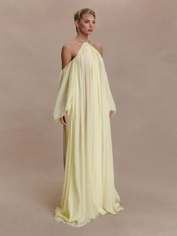 Elegant Halter Neck Draped Chiffon Maxi Dress