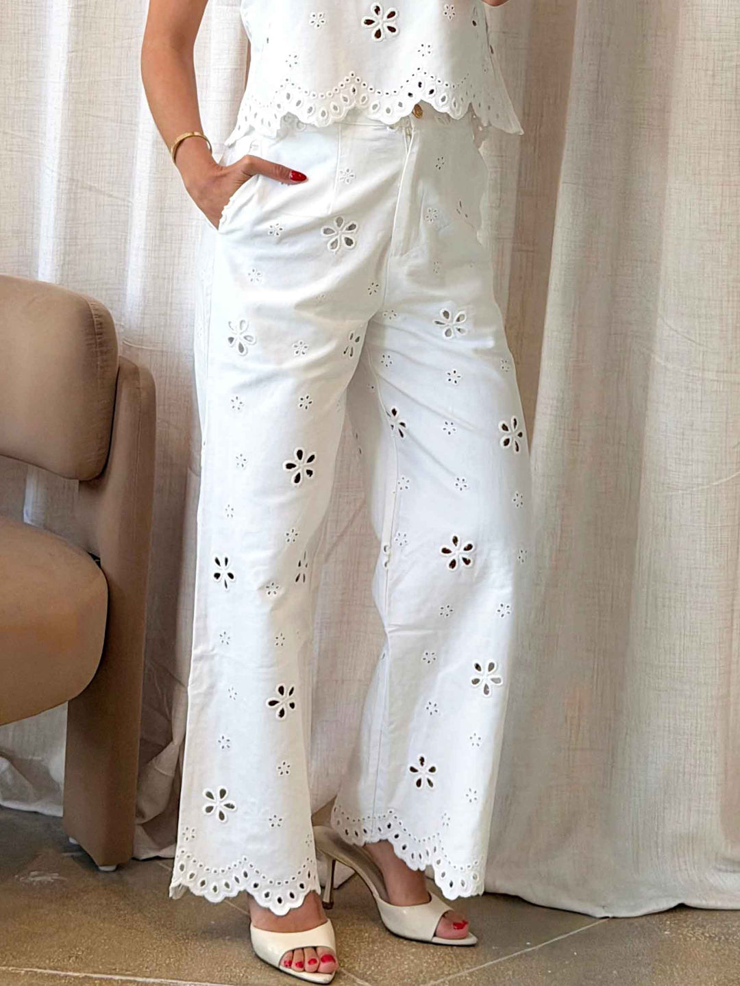 Casual Eyelet Embroidered Crop Top & Wide Leg Pants Two-Piece Set