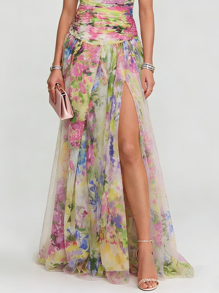 Elegant One-shoulder Watercolor Print Tulle Maxi Dress