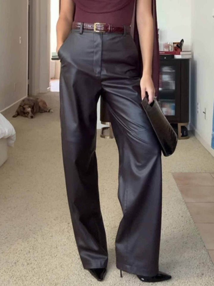 Elegant High-waist Wide-leg Faux Leather Pants