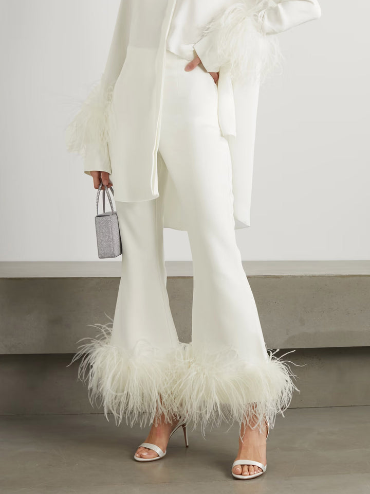 Elegant Satin Feather Trim Wide-Leg Pants