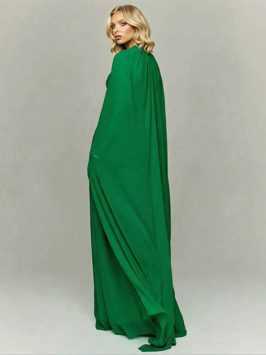Elegant Strapless Ruched Maxi Dress With Flowing Cape