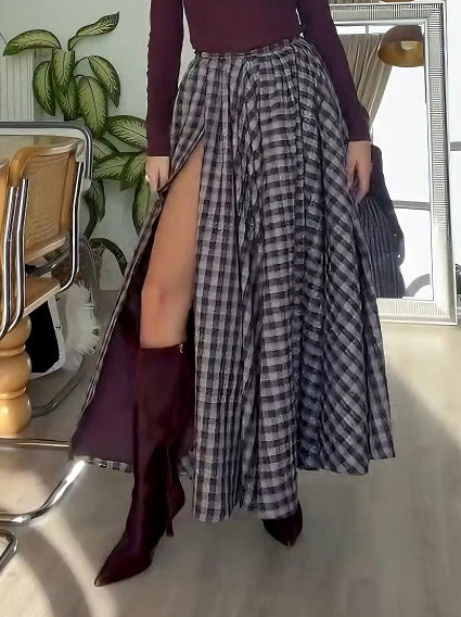 Elegant Plaid High-slit Maxi Skirt Two-piece Set