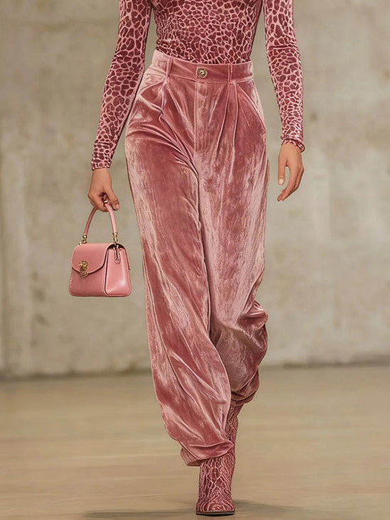 Casual Velvet Leopard Print T-Shirt And Wide-Leg Pants Two-Piece Set