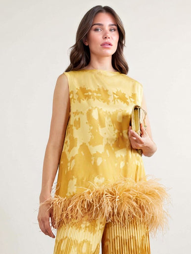 Exquisite Abstract Print Pleated Wide-Leg Pants