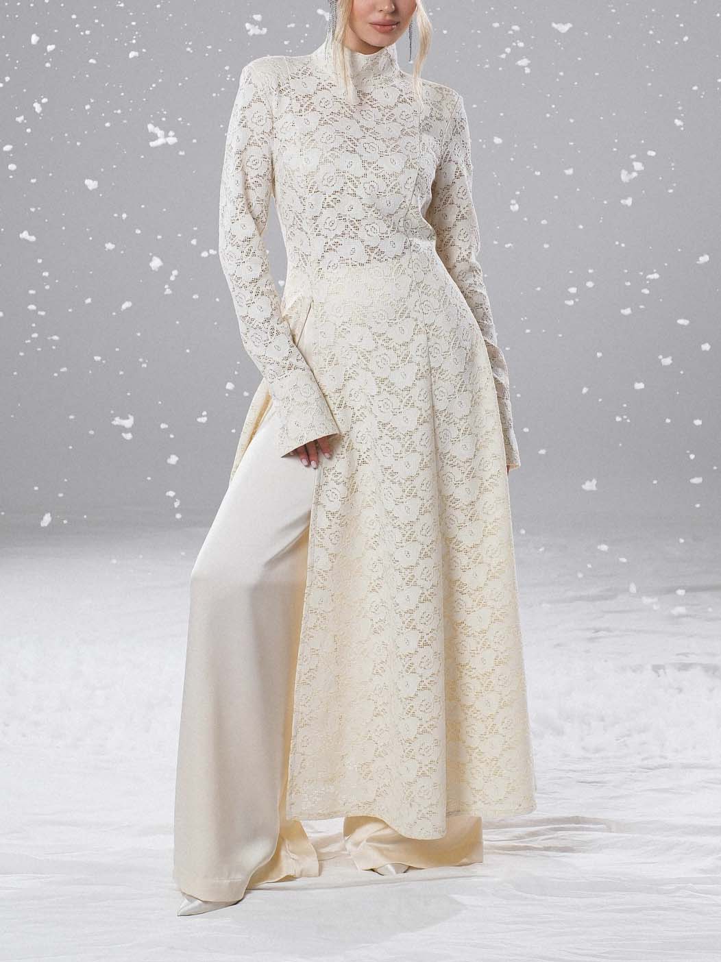 Elegant High-Neck Lace Slit Midi Dress
