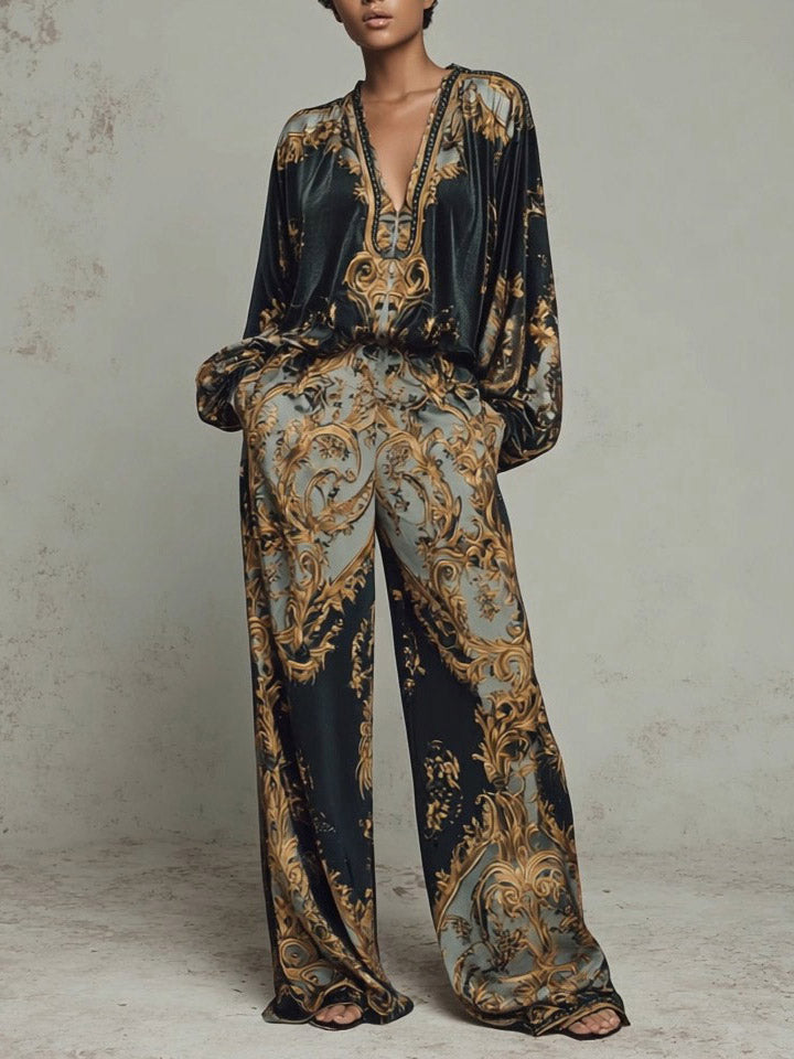 Retro Baroque Print Deep V-Neck Relaxed Fit Blouse