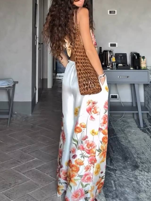 Vacation Style Floral Print Scarf Top And Wide Leg Pants Set-Top