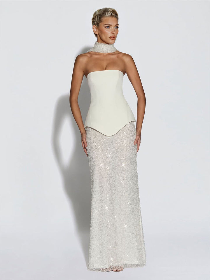 Elegant Strapless Sequin Skirt And Shawl Two-Piece Set