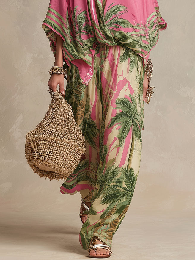 Bohemian Tropical Print Flowy Top & Wide-Leg Pants Two-Piece Set