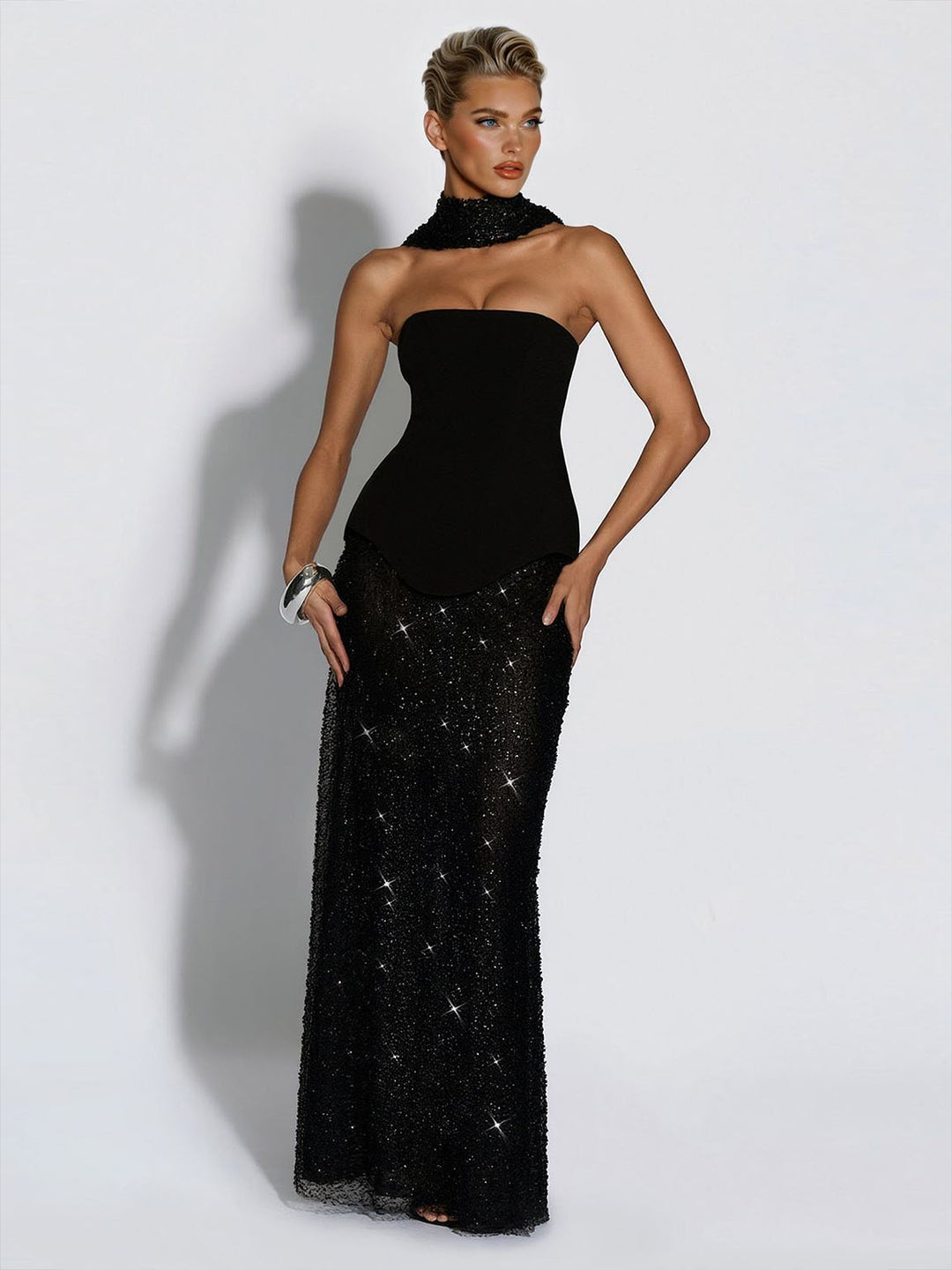 Elegant Strapless Sequin Skirt And Shawl Two-Piece Set