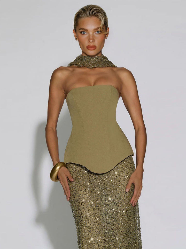 Elegant Strapless Sequin Skirt And Shawl Two-Piece Set