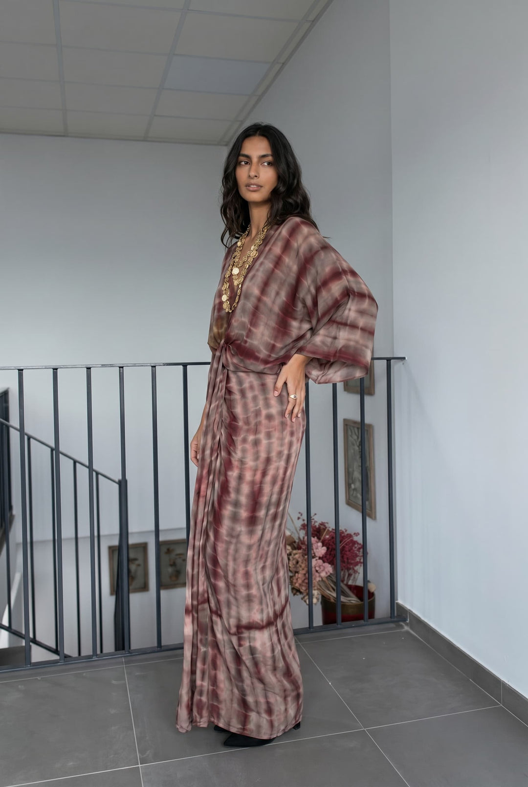 V-Neck Printed Slit Streamer Design Maxi Dress