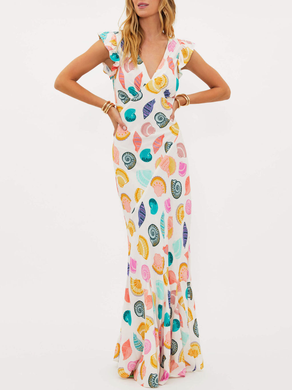 Vestido maxi requintado com estampa Ocean Shell e decote em V