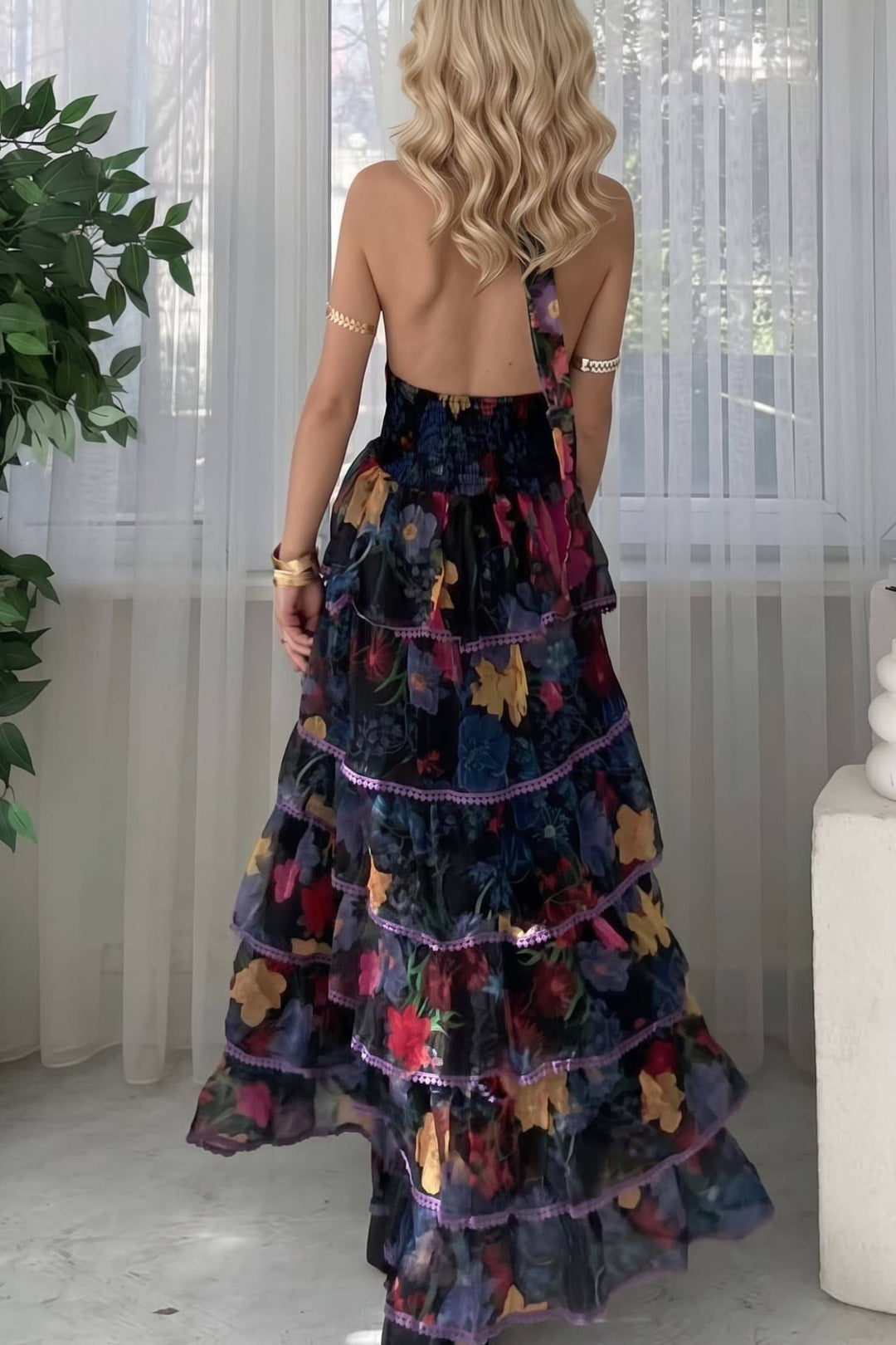 V-Neck Printed Ruffled Dress