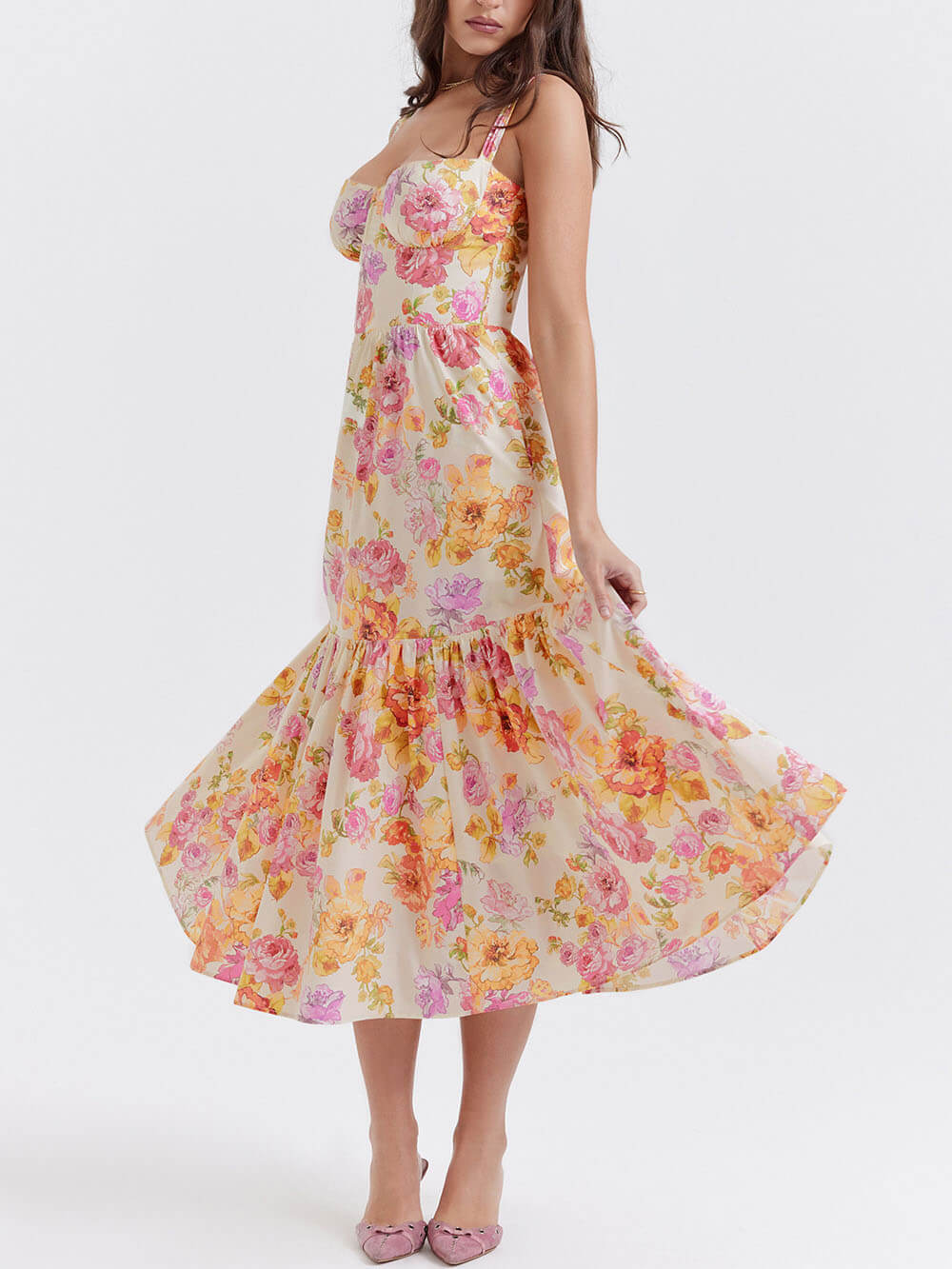 Midikleid mit Blumenmuster, Trägern und A-Saum