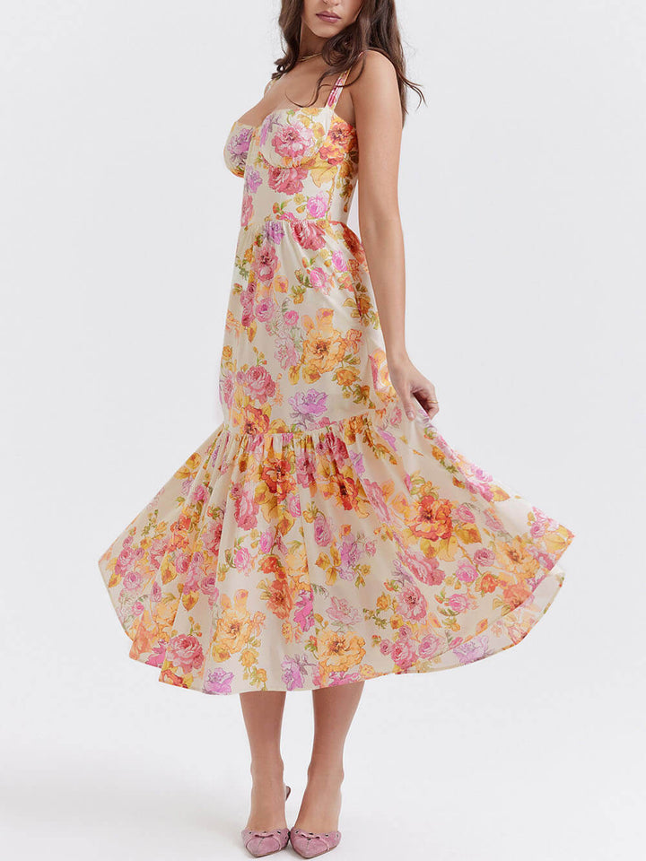 Midikleid mit Blumenmuster, Trägern und A-Saum