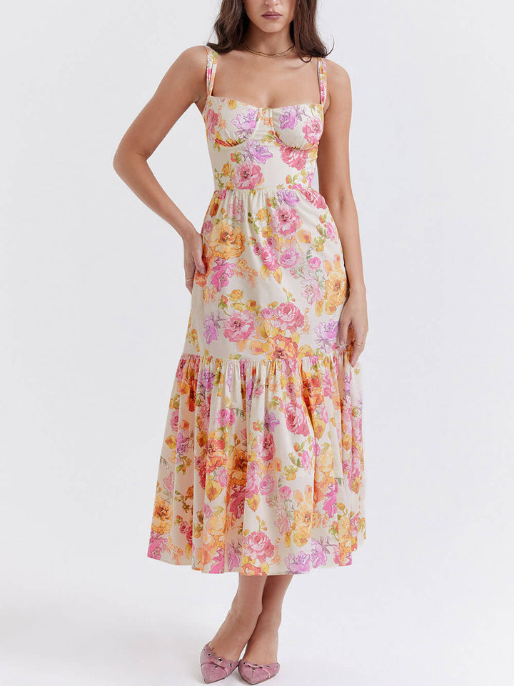 Midikleid mit Blumenmuster, Trägern und A-Saum
