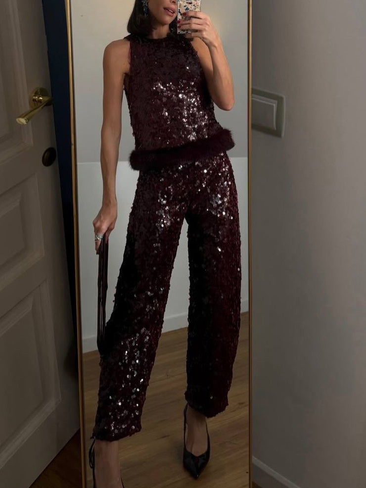 Exquisite Sequined Fuzzy Hem Tank Top