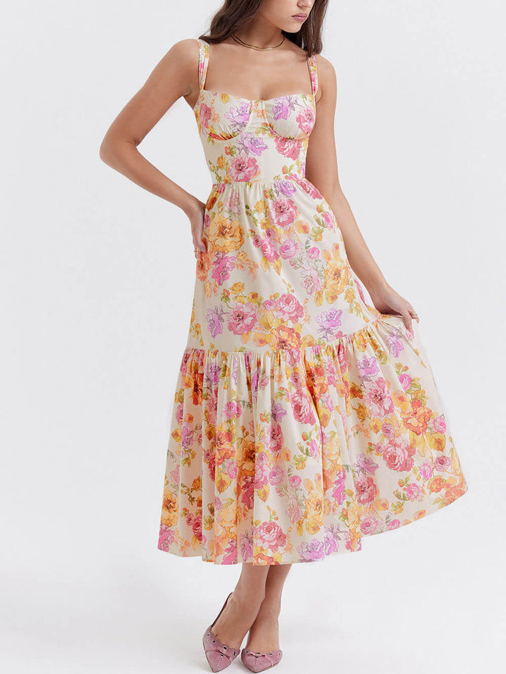 Midikleid mit Blumenmuster, Trägern und A-Saum