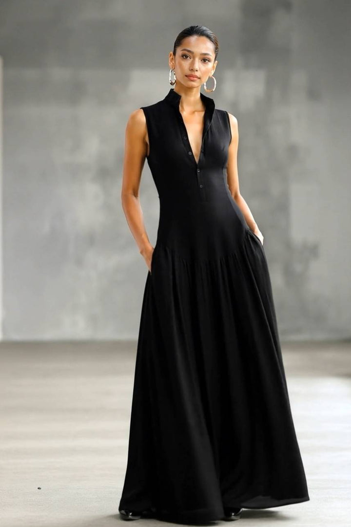 Minimalist Stand-Collar Maxi Dress