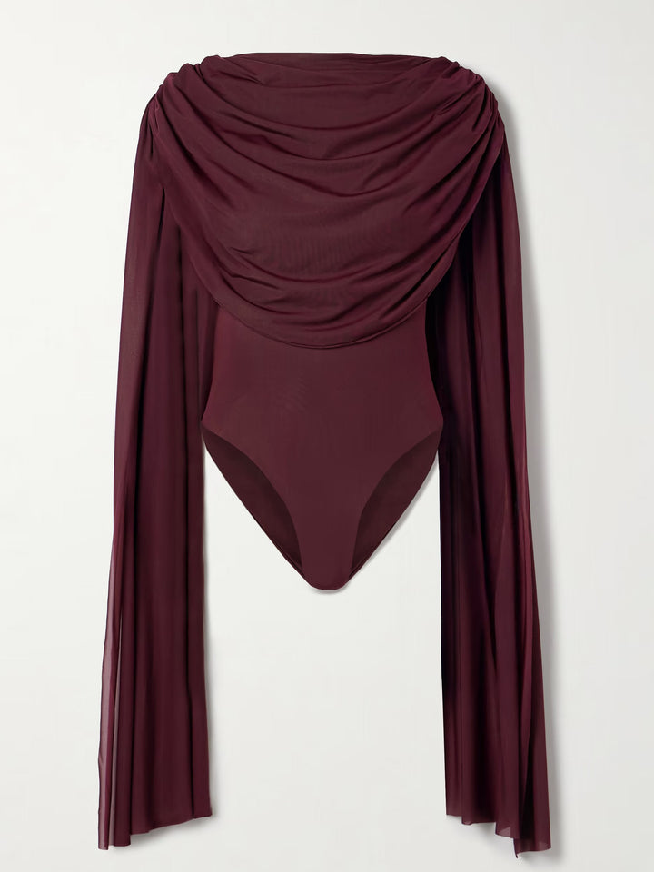 Elegant Draped Top And Wide-leg Faux Leather Pants Two-piece Set
