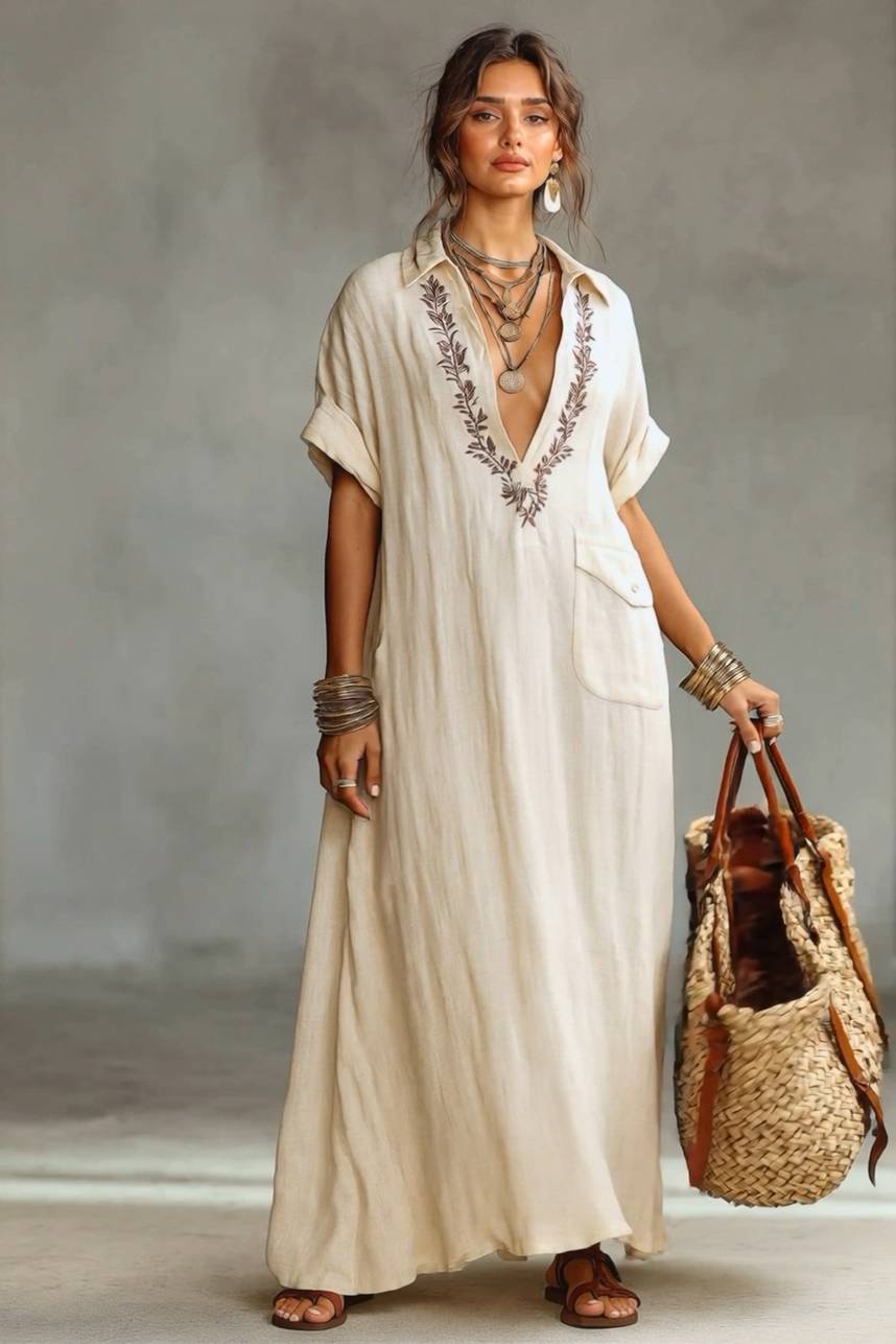 V-Neck Embroidered Maxi Dress