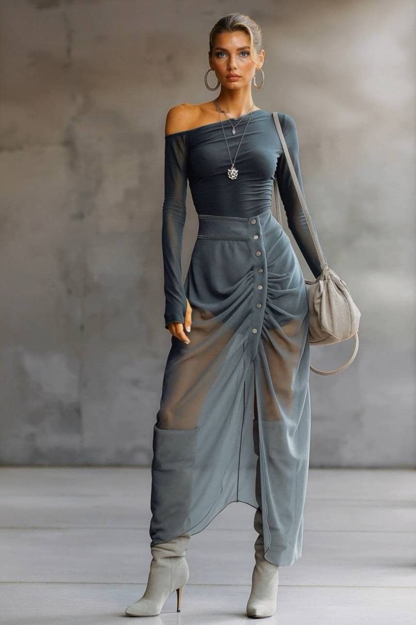 Off-Shoulder Pleated Maxi Dress