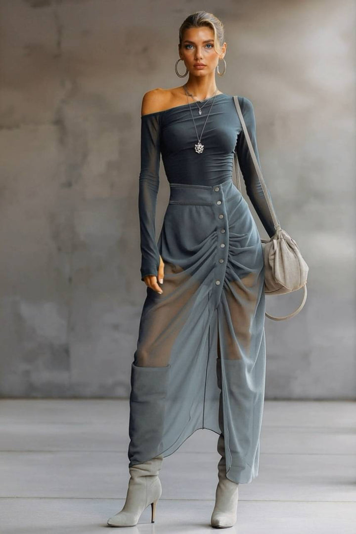 Off-Shoulder Pleated Maxi Dress