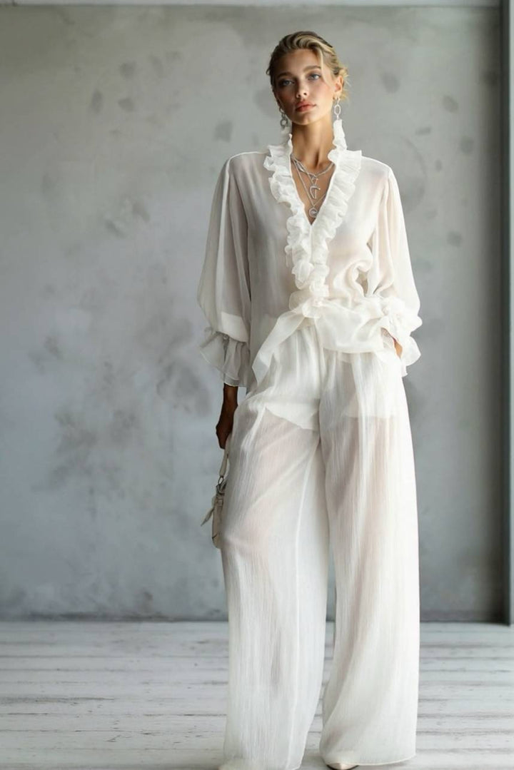 Lace Long Sleeve Shirt And Wide Leg Pants Set