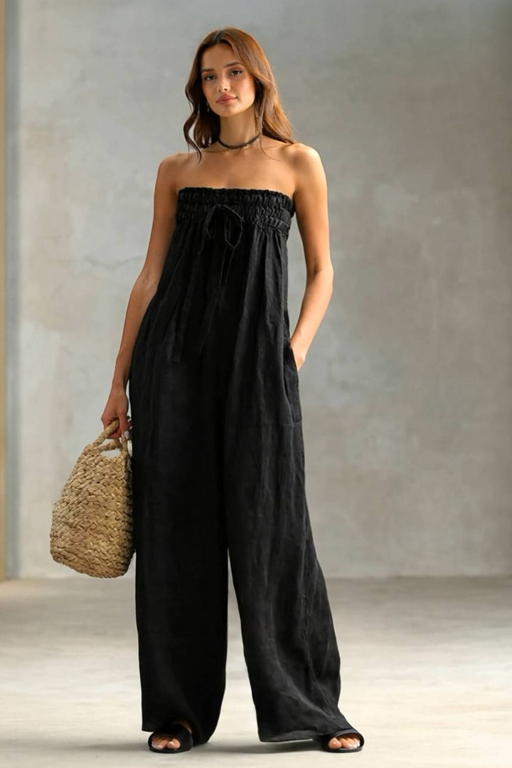 Pleated  Design Strapless Jumpsuit