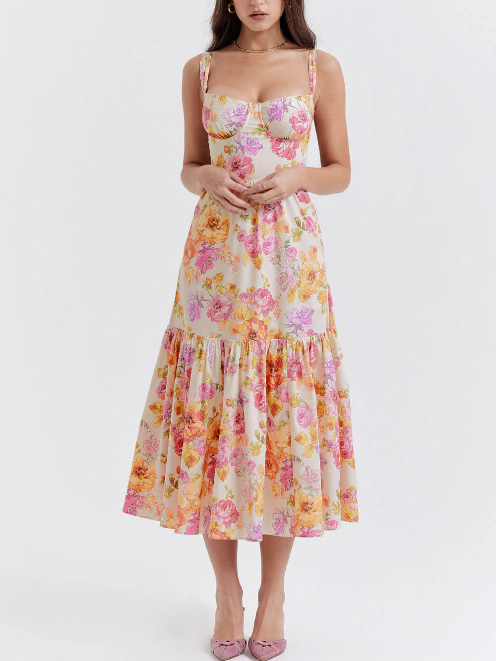 Midikleid mit Blumenmuster, Trägern und A-Saum