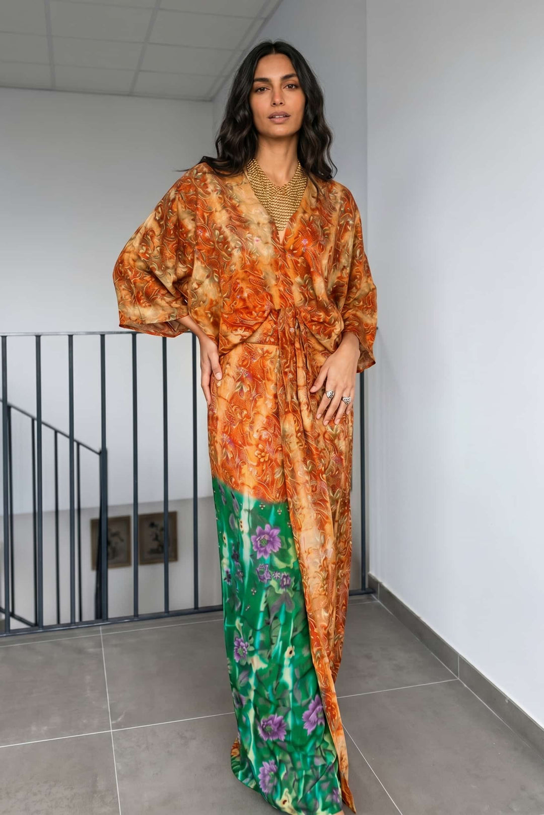 V-Neck Printed Patchwork Slit Streamer Design Maxi Dress