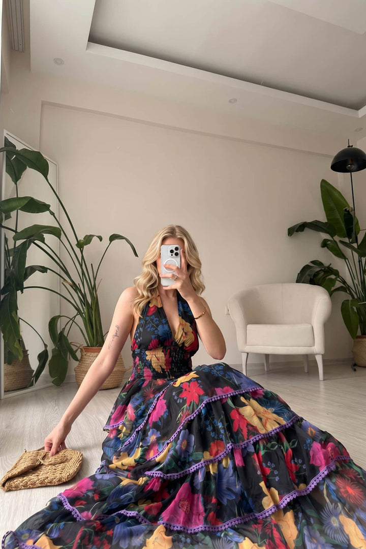 V-Neck Printed Ruffled Dress