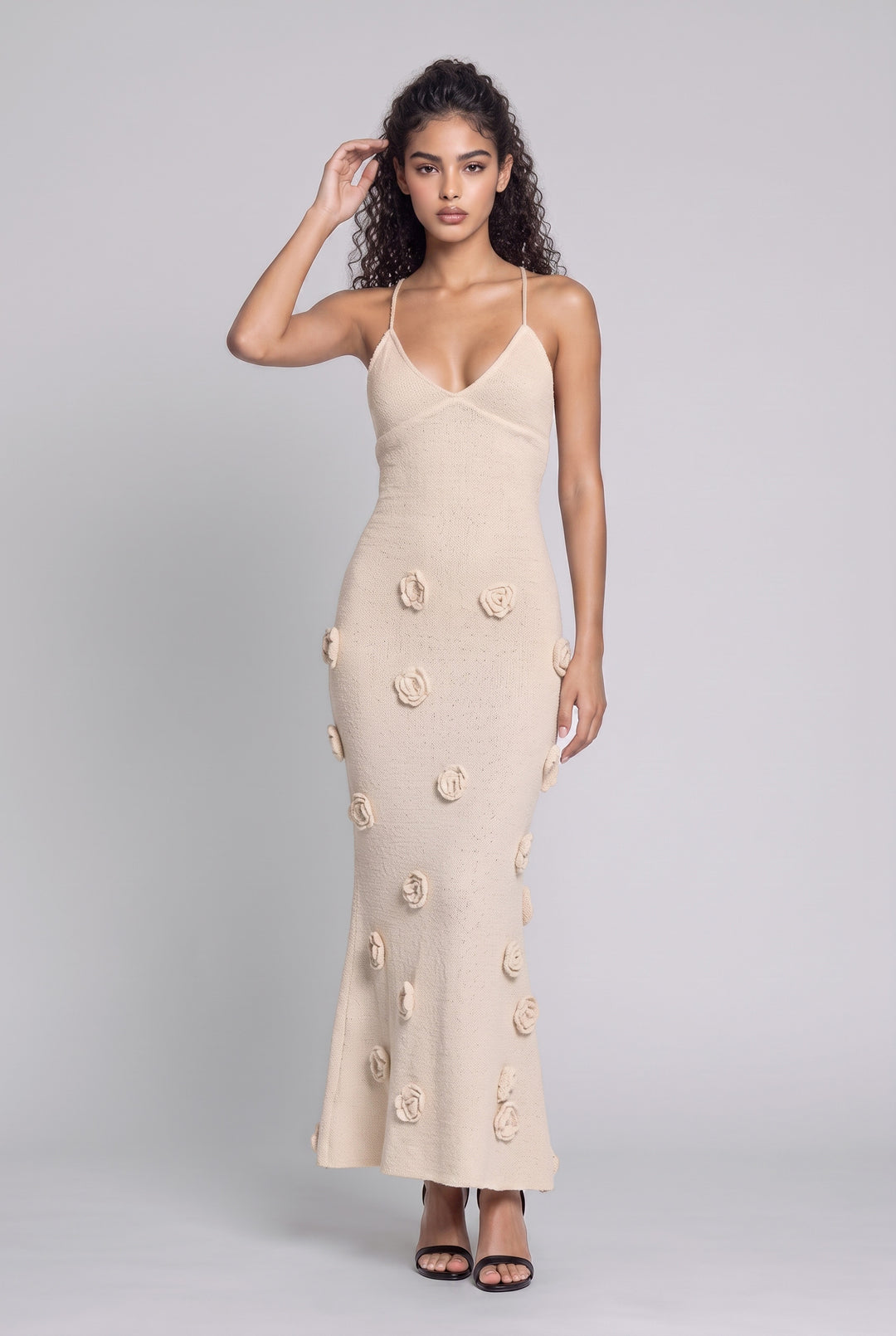 Knit Flower Strap Maxi Dress