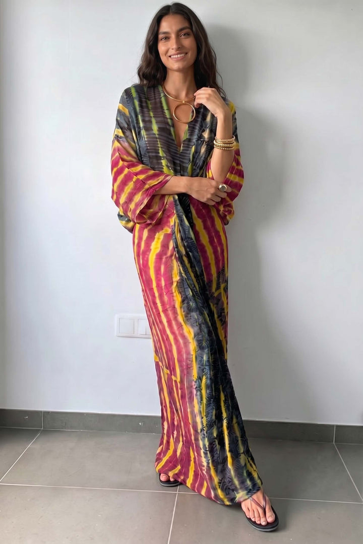 V-Neck Printed Slit Streamer Design Maxi Dress