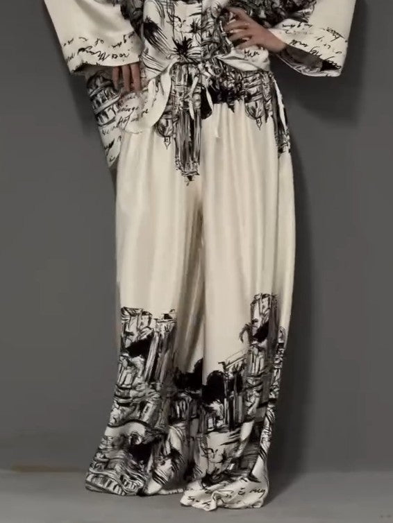 Architectural Print Satin Shirt And Pants Two-Piece Set