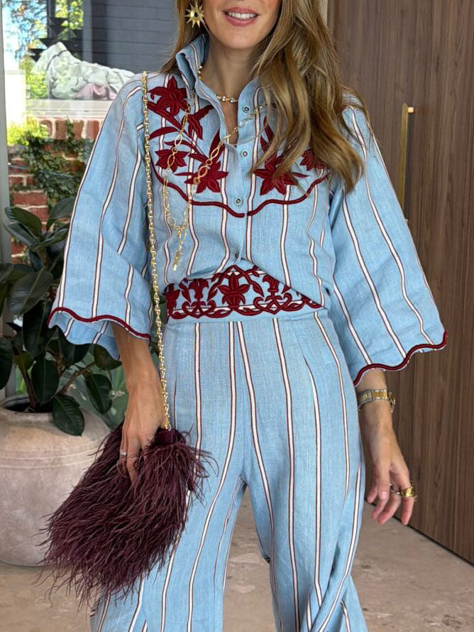Bohemian Blue Stripe Flare Pants Two-Piece Set