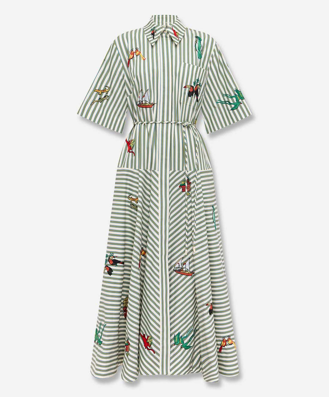 Casual Striped Tropical Print Shirt Maxi Dress