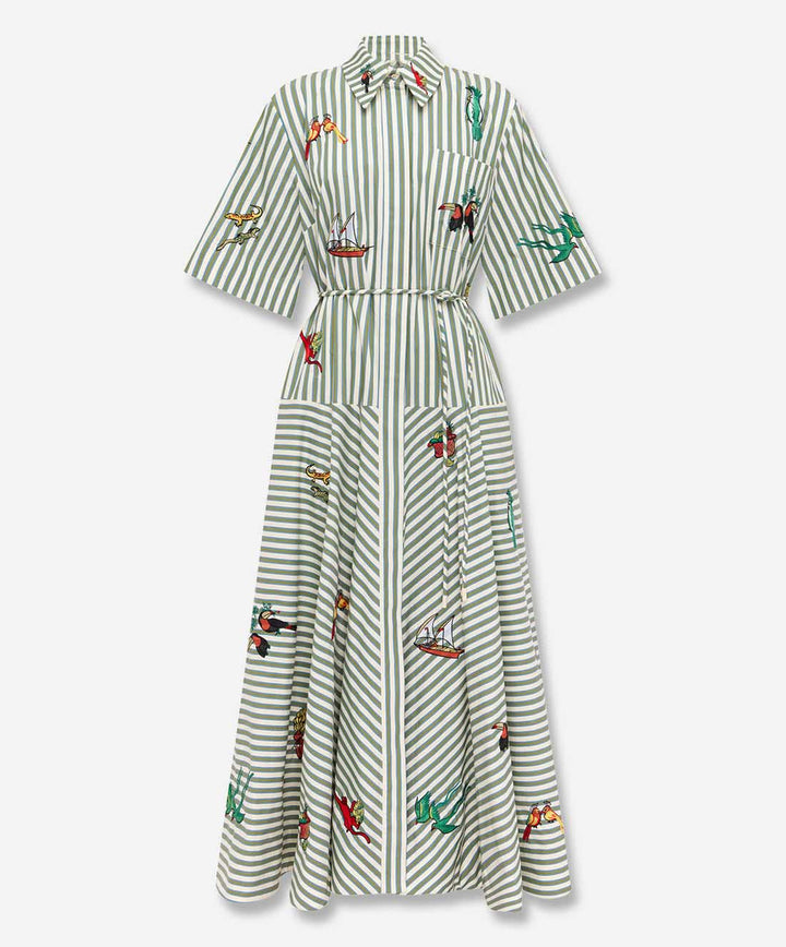 Casual Striped Tropical Print Shirt Maxi Dress